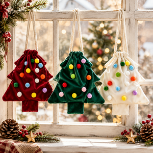 Sacchetto Regalo in Velluto a Forma <span class=keywords><strong>di</strong></span> <span class=keywords><strong>Albero</strong></span> <span class=keywords><strong>di</strong></span> <span class=keywords><strong>Natale</strong></span> con Cordoncino, Pompon in Pelliccia e Campanella Ornamentale <span class=keywords><strong>per</strong></span> Decorazioni Natalizie e Regali <span class=keywords><strong>di</strong></span> <span class=keywords><strong>Natale</strong></span> - Product Image 2