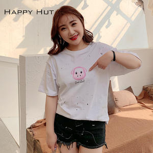 แฮปปี้ฮัทเสื้อยืดผู้หญิงไซส์ใหญ่สีขาวแขนสั้นพิมพ์ลายหมึกสาด 2019 ดีไซน์ปฏิทิน N6659 - Product Image 4