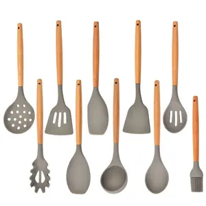 Ensemble d'ustensiles de cuisine 10 pièces, manche en bois, cuillère de cuisine en Silicone, spatule, ensemble d'outils de cuisine