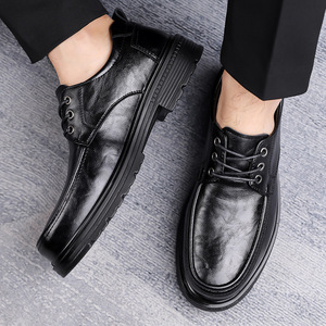 Leather Men's Oxfords <b>Round</b> Toe Lace-up Spring Wedding Dress Shoes <b>Cushioned</b> Rubber Sole Solid Color Business Formal Wear - Product Image 4