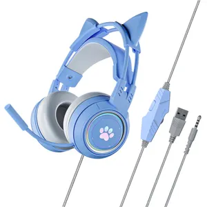 Cat Cute Girl 3D เสียงรอบทิศทาง Over Ear หูฟังสำหรับเล่นเกมแบบมีสาย7.1หูฟังตัดเสียงรบกวน USB