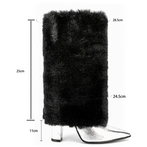 Bottines d'hiver à talons épais et fourrure épaisse, grande taille 44, pour femme, à bout pointu, style western plissé et fourrure. - Product Image 4