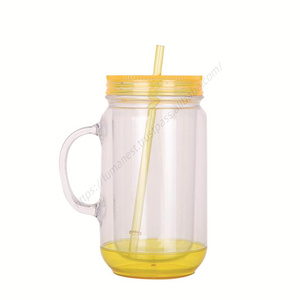 Vente en gros DD1888 Bouteille à bulles en plastique de 18 oz avec poignée, double paroi, style Mason Jar, avec paille et couvercle - Product Image 3
