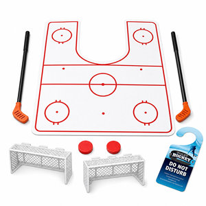 Jeu de hockey de toilette amusant en plastique, nouveauté farce, jouet de salle de bain, tapis de patinoire en U, bâtons, rondelles, filet de but, pour enfants et adultes, OEM - Product Image 3