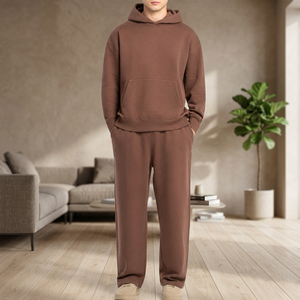 Ensemble survêtement homme décontracté marron uni à capuche, sweat-shirt et pantalon de survêtement, manches longues, deux pièces - Product Image 3