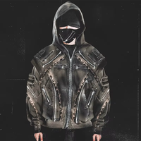 Veste pour homme DiZNEW, mode Y2k personnalisée, fermeture éclair en métal, taille plus, veste en jean délavée avec capuche