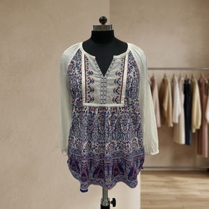 Boho V-Neck <b>Embroidered</b> <b>Tunic</b> Dress Long Sleeve Paisley Print Loose Fit Summer Casual Mini Dress 100% Cotton Woven Breathable - Product Image 2