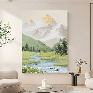 Pintura al óleo de paisaje pintada a mano, escena de montaña y río para decoración de sala de estar y dormitorio, obra de arte minimalista moderna - Product Image 1