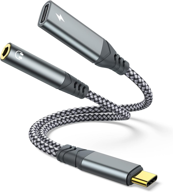USB C to 3.5mm Headphone and Charger Adapter, 2-in-1 Type C to Aux Jack Dongle Cable with PD 60W Fast Charging