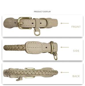 <span class=keywords><strong>Collar</strong></span> ajustable de lujo Premium para mascotas, correa para el cuello, <span class=keywords><strong>collar</strong></span> y correa para perro de cuero de vaca trenzado genuino con hebilla de Metal dorado - Product Image 5