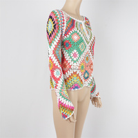 Haut de plage en crochet fait main JR Custom, style vintage, color block, col rond, manches longues, respirant, ajouré, avec cordon de serrage