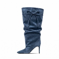Bottes hautes souples pour femmes à mollet large en faux daim, à talon haut et bout pointu, avec cordon de serrage, à enfiler, styles de créateur pour l'hiver
