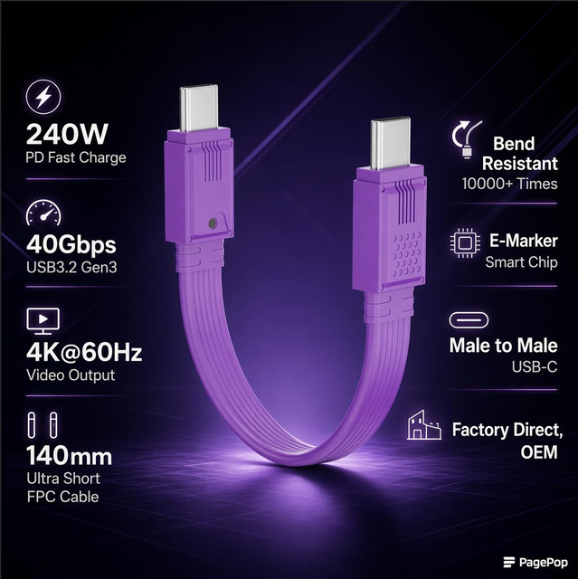 Portable Ultra  FPC USB-C Cable 240W 40Gbps 4K HD Transmission Anti-break Flat Cord for Laptop Portable SSD Power Bank Wholesale