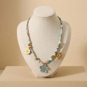 Collar <span class=keywords><strong>de</strong></span> Mujer Estilo Bohemio Fatingna, Tela y Seda <span class=keywords><strong>con</strong></span> Acero Inoxidable, Cerámica, Circonita Cúbica, Flor Azul, Collar Moderno - Product Image 5