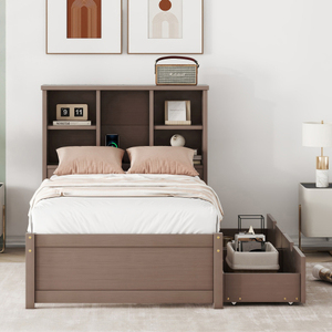 Modern Twin Size Bed Frame with 2 Storage Drawers & <b>Bookcase</b> Headboard Sturdy <b>Solid</b> Walnut <b>Wood</b> for Spring Bedrooms & Apartments - Product Image 2