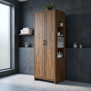 Teak Wood <b>Tall</b> Bathroom Cabinet 2 Door 3 Side Open <b>Shelf</b> Linen Tower - Product Image 2
