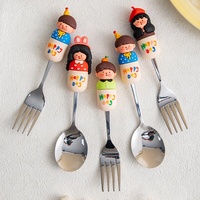 Ensemble polyvalent et durable de cuillères et fourchettes en acier inoxydable avec manche en silicone motif dessin animé pour desserts, café, fruits – Ustensiles de table domestiques