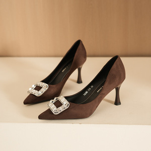 Zapatos de Mujer Formales 7666C-172, Tacones de Aguja con Punta Puntiaguda, Decoración de Pedrería, Tacón Alto, Gamuza Marrón - Product Image 1