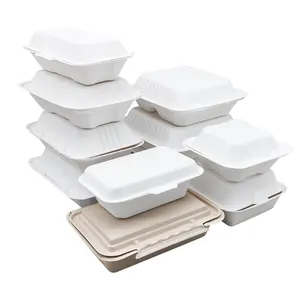 Eco Amigável Biodegradável 2 3 Compartimentos Takeaway Food Box Container Sugarcane Bagasse Hamburger Clamshell Box