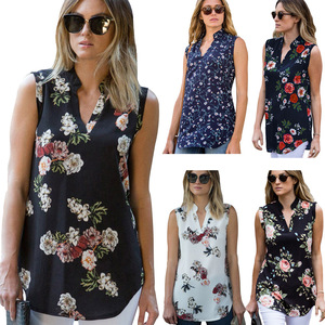 Blus Wanita Musim Panas Terbaik 2023, Kerah V, Bahan Chiffon, Tanpa Lengan, Motif Bunga - Product Image 2