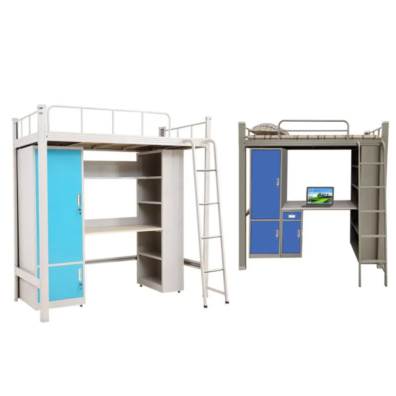 Mobiliário moderno de quarto jovem, cama dupla de metal para escola acampamento com armário e mesa de armazenamento, 2023
