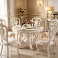 Französisches Luxus-Esszimmer-Set mit Rundem Marmortisch, Handgeschnitzten Massivholz-Lederstühlen und Drehbarem Esstisch