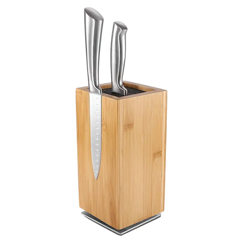 Bloque de cuchillos de madera giratorio de 360 grados con imanes externos y espacio de inserción de cerdas extraíbles para bloque de cuchillos de almacenamiento de cuchillos