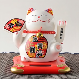 Gato de la Suerte con Energía Solar, Maneki Neko de Cerámica, Gato de la Fortuna con Mano que Se Agita Automáticamente, Estilo Japonés, para el Tablero del Automóvil, el Hogar u Oficina - Product Image 4