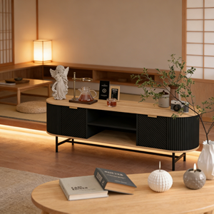 Mobile TV Ovale Moderno con Vani Portaoggetti, Consolle Multimediale con Ante a Doghe e Ripiani Aperti per Soggiorno - Product Image 4