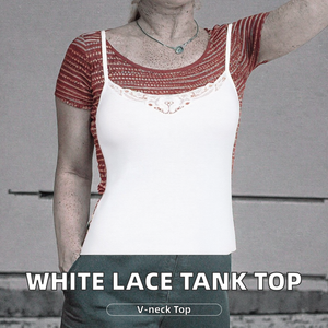 Débardeur court uni blanc pour femme, bretelles spaghetti, en coton côtelé respirant, avec bordure en dentelle, décontracté, longueur standard - Product Image 2