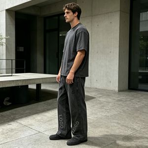 Conjunto de 350g para hombre, camiseta con cuello redondo y pantalones jogger con relieve, conjunto de dos piezas de verano 100% algodón jersey para hombre. - Product Image 4