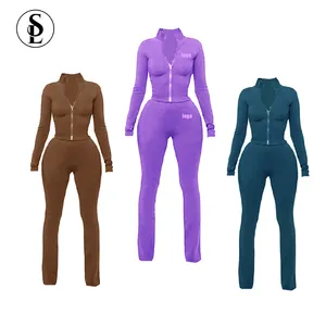 2023 Women Zipper Outfits Two Piece Custom Logo Color Tracksuit Skinny High Stretch Clothes Tops And Joggers Tracksuit Set