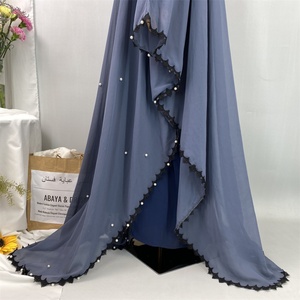 Luxury Pearls Muslim Abaya Best Sale Eid Black Lace Border Side Split Bottom <b>Cardigan</b> Breathable Chiffon Women Open Abaya 1653# - Product Image 3