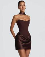 Robe Courte Sexy Bustier Corset avec Foulard Ras-du-Cou et Dos Lacé en Satin Froncé, Robe Moulante pour Femme, Soirée, Club, Fête