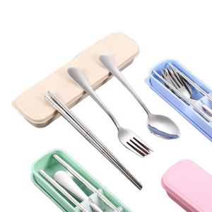 Ensemble de couverts portables trois pièces en acier inoxydable 304 et plastique, avec logo personnalisé, pour l'extérieur (cuillère, fourchette, baguettes), cadeau promotionnel - Product Image 1