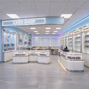 Conception et aménagement sur mesure de présentoirs pour magasins de cartes à collectionner, avec armoires éclairées et comptoirs de vente - Product Image 1