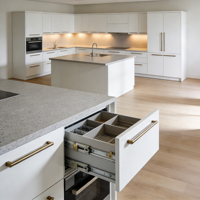 Cuisine contemporaine haut de gamme en U sur mesure avec four encastré, éclairage LED d'ambiance et rangement du sol au plafond