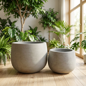 Juego de Macetas Minimalistas de Concreto para Interiores, Diseño Circular Gris para Uso Doméstico - Product Image 2