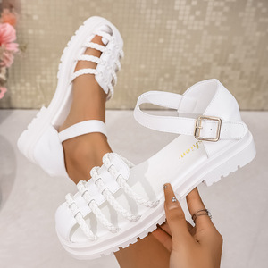 Women Summer New Retro Woven Roman Buckle <b>Sandals</b> Thick Sole Hollow Beach Closed-Toe <b>Sandals</b> - Product Image 4