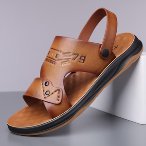 Sandales d'extérieur en cuir véritable pour hommes, chaussures de plage décontractées à bout ouvert, semelle en caoutchouc antidérapante, taille 79 - Product Image 1