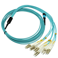 Kabel Breakout 12F OM3 MPO ke LC 40G/100G Multimode Fiber Optic Patch Cord LSZH Aqua untuk Kabel Serat Optik Densitas Tinggi di Pusat Data