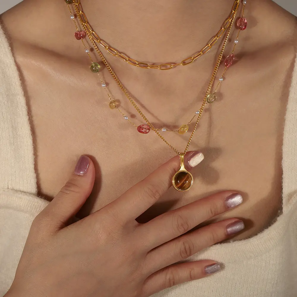 2024 nuova catena con colletto di perline fatta a mano in pietra naturale avanzata in acciaio inossidabile placcato oro nero collana pendente in agata