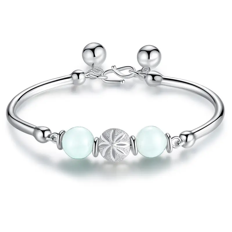 Fashion Simple Personality Jade Open Bracelet for Women Platinum 925 Sterling Silver Color Transfer Beads Jade Jewelry