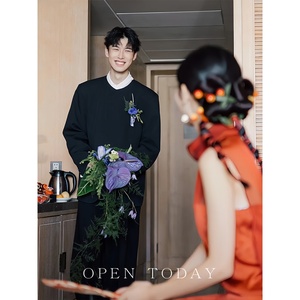 Pishuai Ensemble de costume haut de gamme en polyester à simple boutonnage <span class=keywords><strong>pour</strong></span> <span class=keywords><strong>homme</strong></span>, nouveau style chinois, col niche, décontracté, style coréen, <span class=keywords><strong>pour</strong></span> usage quotidien - Product Image 3