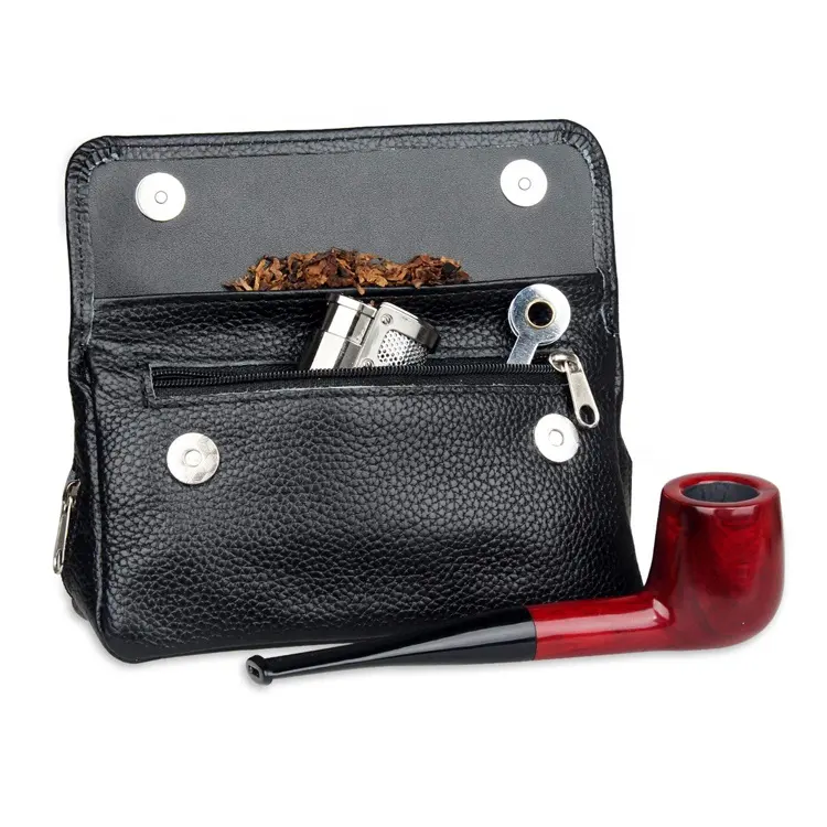 卸売カスタム素晴らしいデザインプレミアムレザー喫煙タバコポーチジッパー付き2パイプホルダーポケット付き