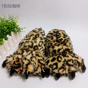 Lovers fuzzy leopard indoor bear paw slippers fur monster slides shoes plush furry dinosaur claw house slippers for men women