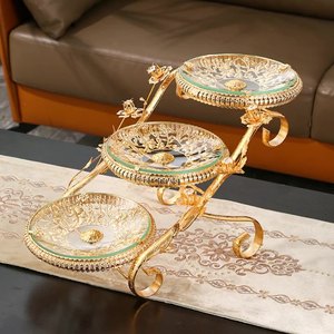 Luxury Gold Creative Food Shelf Home Hotel Dry Fruit 3 <strong>Plates</strong> Serving Crystal Glass Tray Decorative <strong>Cake</strong> Stand Fruit <strong>Plate</strong>