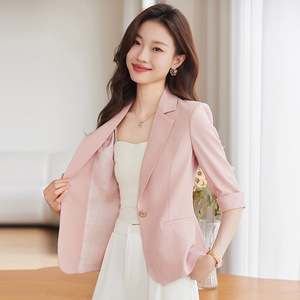 Light Blue Three Quarter Sleeve Blazer For Women Slim Fit Breathable Spring Summer 2025 Style Solid Color Polyester Fabric - Product Image 2
