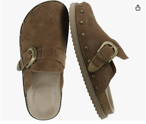 Mules à enfiler pour femmes en cuir suédé véritable avec boucle réglable et détails cloutés – Chaussures d'automne élégantes - Product Image 5