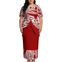 Ensemble 2 pièces Puletasi pour femmes, bleu et noir, imprimé tribal polynésien, haut à manches courtes, jupe longue maxi, tenue formelle insulaire